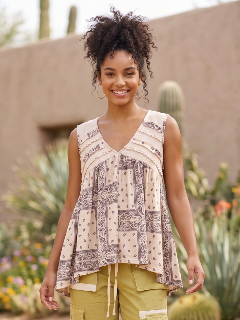 POL Cream Paisley V Neck Babydoll Tunic | Sleeveless Lace Trim Swing Top